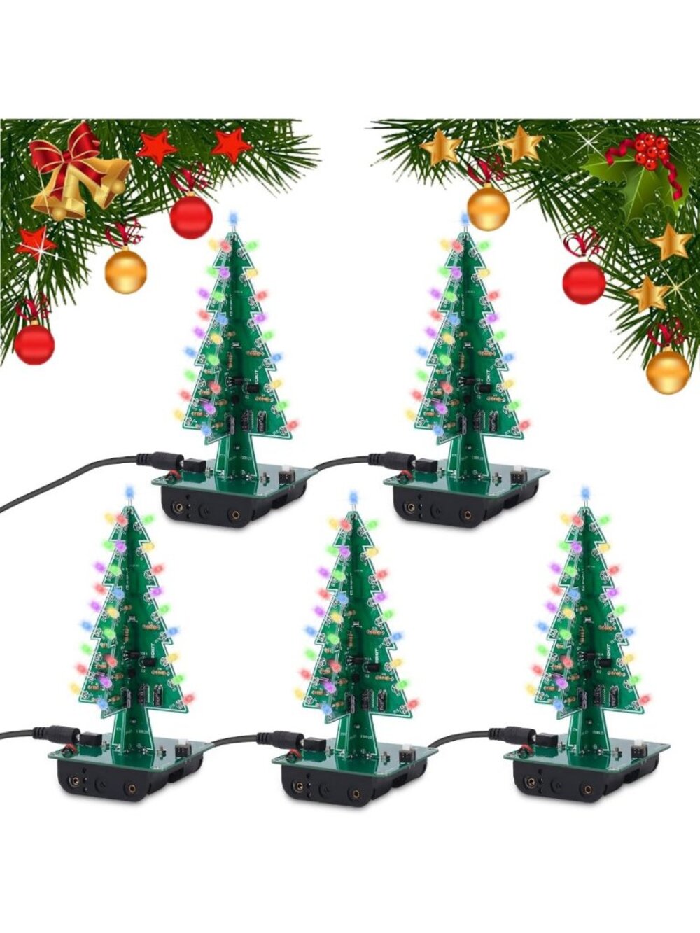 5 PCS DIY Christmas Tree Soldering Kit with LED Lights - 3D Xmas Project for